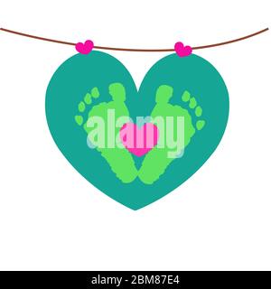 Il piede del bambino stampa con il vettore dei cuori appesi Illustrazione Vettoriale