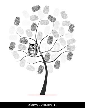 Realizzato con albero di impronte digitali con fondo vettoriale gufo nero Illustrazione Vettoriale