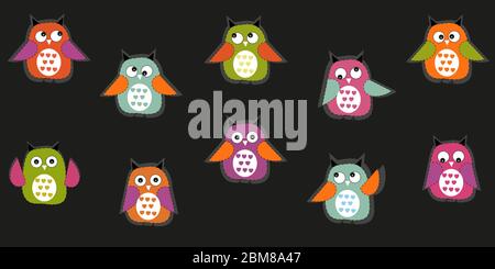 Colorful cute owl vettore sfondo nero Illustrazione Vettoriale