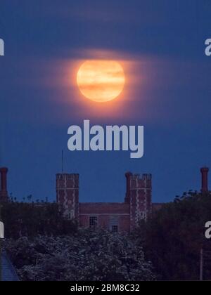 Eastchurch, Kent, Regno Unito. 7 maggio 2020. UK Weather: Il fiore pieno Supermoon sorge sopra la storica Shurland Hall in Eastchurch, lKent. Credit: James Bell/Alamy Live News Foto Stock