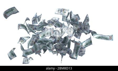 confezione di carte da banconote in dollari vola con vento. adatto per soldi, economia, finanza e temi bancari. Illustrazione 3D Foto Stock