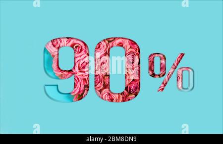 Vendite di San Valentino. 90% di sconto sulla promozione su poster blu, banner.Advertising con numeri su carta, tagliato fuori di rose delicate. Per il tuo ho Foto Stock