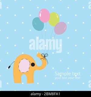 Biglietto di auguri per elefante del bambino con palloncini colorati sullo sfondo Illustrazione Vettoriale
