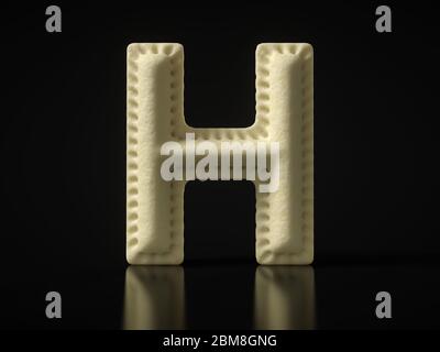 Lettera H gnocchi scopati su sfondo nero. Adatto per piatti turchi, russi, italiani, asiatici o di altri tipi nazionali. Illustrazione 3D Foto Stock