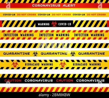 Nastro adesivo per strisce di avvertenza di quarantena per coronavirus isolato su sfondo bianco. I segni neri e gialli avvertono di pericolo biologico e della pandemia del covid-1 Illustrazione Vettoriale
