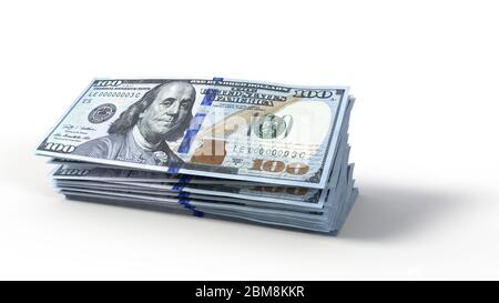 il pacco di carte da banconote in dollari è perfetto per i temi economici, finanziari e bancari. Illustrazione 3D Foto Stock