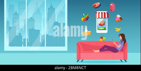 Vettore di una giovane donna che si rilassa a casa utilizzando l'app per smartphone per ordinare cibo alimentari online Illustrazione Vettoriale