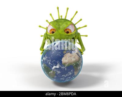 mostro del virus corona con attacchi di terra. adatto per covid-19, corona e altri temi del virus. Illustrazione 3D, personaggio del virus dei cartoni animati Foto Stock
