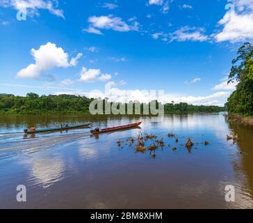 Brokopondo, Suriname - Agosto 2019: Due Safari Boats in barca lungo il fiume Suriname. Foto Stock