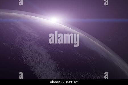 Alba sul pianeta Terra del sistema solare con lente di flare. Illustrazione del rendering in 3D fantascienza. Elementi di questa immagine sono stati forniti dalla NASA Foto Stock