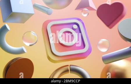 Logo Instagram intorno al rendering 3D forma astratta sfondo Foto Stock