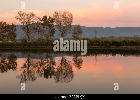 Una vista perfettamente simmetrica di un lago, con alberi riflessi sull'acqua al tramonto Foto Stock