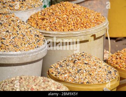 Varietà diverse di farina di mais, mais e pollo in un mercato africano a Manzini, in Eswatini (Swaziland) Foto Stock