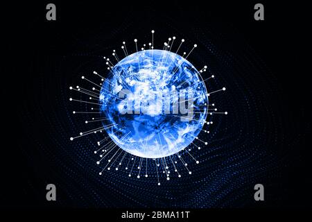 Globo terrestre digitale futuristico con illuminazione nello spazio vuoto scuro, sfondo di rendering 3d, sfondo generato dal computer. Foto Stock