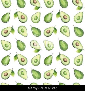 Modello senza cuciture di avocado e foglie. Elementi acquerelli isolati su bianco Foto Stock