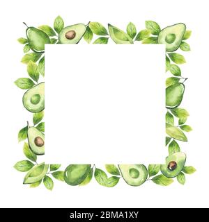 Cornice acquerello da elementi avocado e verde isolato su sfondo bianco Foto Stock