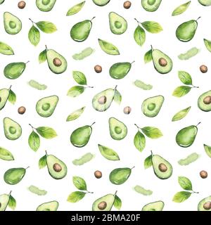 Modello senza cuciture di avocado e foglie. Elementi acquerelli isolati su bianco Foto Stock