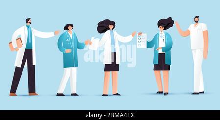 Illustrazione vettoriale piatta di un team medico professionale con gesti di puntamento. Cartoni animati con personaggi medici - uomo, donna, infermieri e medici Illustrazione Vettoriale