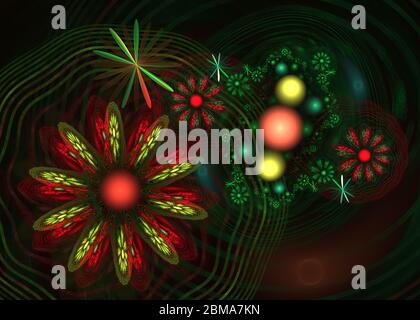 Vortice floreale. Scintille astratte di fiori su sfondo nero. Fantasia frattale texture. Rendering 3D per arte digitale. Foto Stock