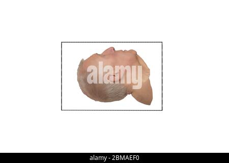 Vista laterale isolata della testa umana in una scatola disegnata su sfondo bianco. Concetti bloccati in sindrome, comatosio, coma, inconscio, isolamento, pensiero. Foto Stock