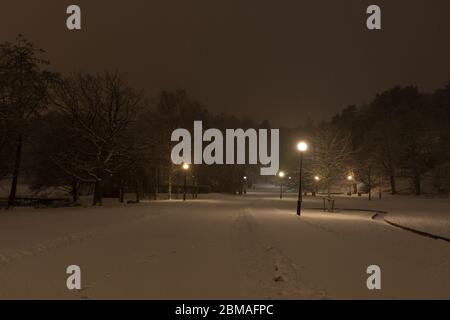 Notte buia in un parco innevato. Luci soffuse. Foto Stock