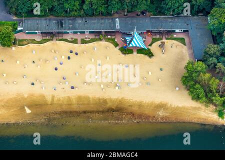 Località balneare vuota sul lago Halterner See, 01.08.2019, vista aerea, Germania, Renania settentrionale-Vestfalia, Ruhr Area, Haltern Foto Stock
