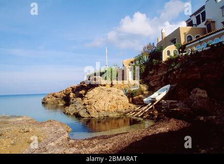 Da Cala Xarraca. Portinatx, isola di Ibiza, Isole Baleari, Spagna. Foto Stock