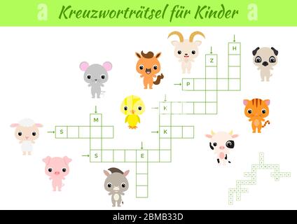 Kreuzworträtsel für Kinder - Crossword per bambini. Foglio di lavoro attività per bambini versione stampabile a colori. Gioco educativo per studiare le parole tedesche. Illustrazione Vettoriale