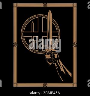 Disegno di una mano guerrieri che tiene una spada medievale affilata e un cerchio di rune settentrionali Illustrazione Vettoriale