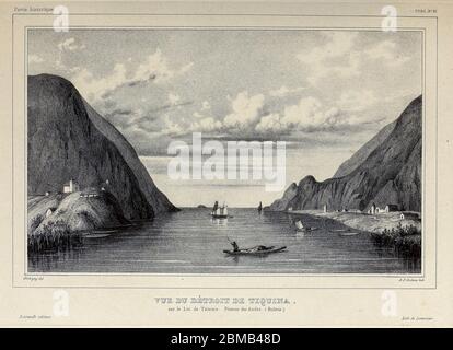 Vista panoramica dello stretto di Tinquina, sul lago di Titicaca. Altopiano andino. (Bolivia.) [Vue du Détroit de Tinquina. Sur le Lac de Titicaca. Plateau des Andes. (Bolivia.)] Dal libro "Voyage dans l'Amérique Méridionale" [viaggio in Sud America: (Brasile, repubblica orientale dell'Uruguay, Repubblica argentina, Patagonia, repubblica del Cile, repubblica di Bolivia, repubblica del Perù), eseguito negli anni 1826 - 1833] 3° volume di: Orbigny, Alcide Dessalines d', d'Orbigny, 1802-1857; Montagne, Jean François Camille, 1784-1866; Martius, Karl Friedrich Philipp v Foto Stock