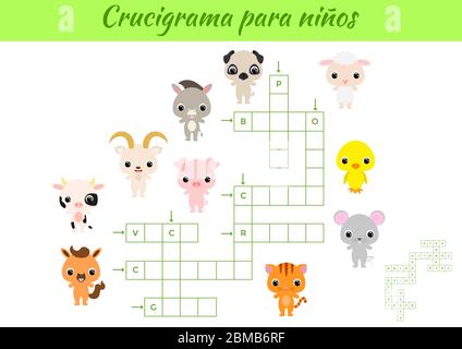 Crucigrama para niños - Parola d'insieme per bambini con foto. Foglio di lavoro attività versione stampabile a colori. Gioco educativo per studiare parole spagnole. Illustrazione Vettoriale