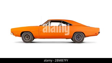 Dodge Charger 1969, isolato su bianco. Foto Stock