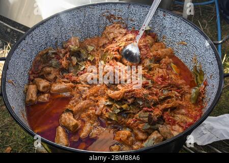 Cibo tipico rumeno chiamato sarmale. Panini con carne, riso e verdure. Il cavolo ripieno lascia la carne ripiena in una pentola tradizionale. Visualizza da Foto Stock