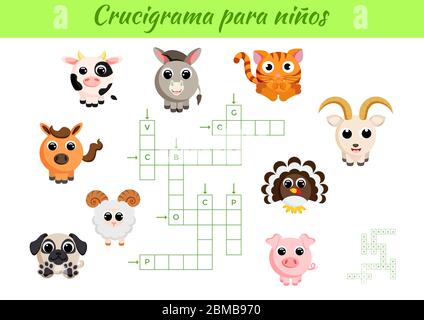 Crucigrama para niños - Parola d'insieme per bambini con foto. Foglio di lavoro attività versione stampabile a colori. Gioco educativo per studiare parole spagnole. Illustrazione Vettoriale