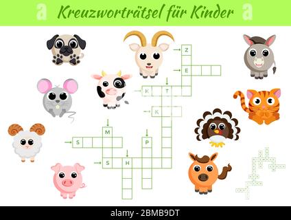 Kreuzworträtsel für Kinder - Crossword per bambini. Foglio di lavoro attività per bambini versione stampabile a colori. Gioco educativo per studiare le parole tedesche. Illustrazione Vettoriale