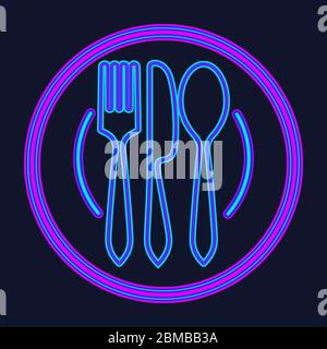 Cartello al neon piastra, forcella e coltello. Ristorante e ristorante pubblicità design. Notte luminoso neon segno, cartellone colorato, banner chiaro. Illustrazione del vettore Illustrazione Vettoriale
