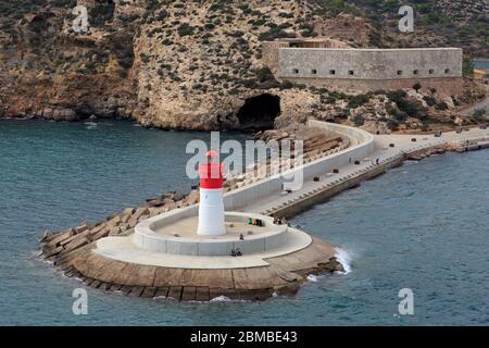 Faro di Dique de la Navidad, Cartagena, Murcia, Spagna, Europa Foto Stock