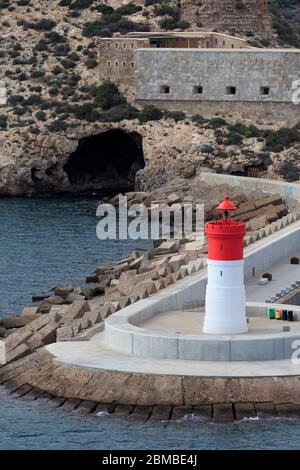 Faro di Dique de la Navidad, Cartagena, Murcia, Spagna, Europa Foto Stock