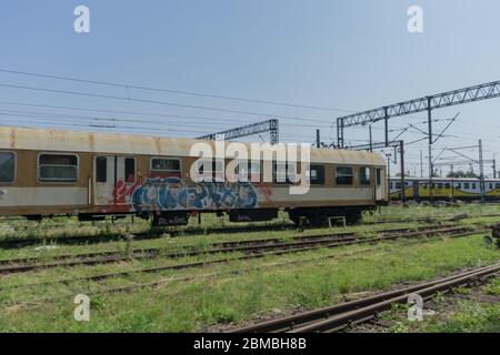 un ultimo parco e treni abbandonati su un paesaggio verde Foto Stock