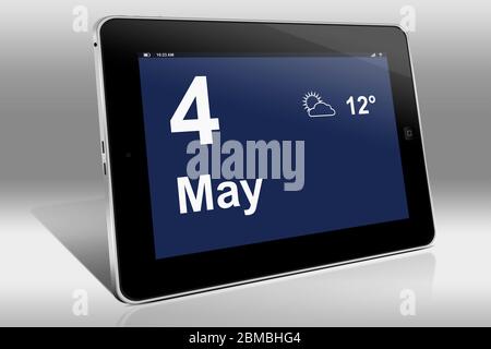 Un tablet visualizza un calendario in lingua inglese con la data 4 maggio | Ein Tablet-computer zeigt in Englischer Sprache den 4. Mai Foto Stock