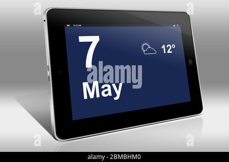 Un tablet visualizza un calendario in lingua inglese con la data 7 maggio | Ein Tablet-computer zeigt in Englischer Sprache den 7. Mai Foto Stock