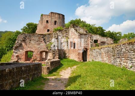 Cortile del castello rovine Hardenburg dal 13 ° secolo sotto il cielo blu, Germania, Europa Foto Stock