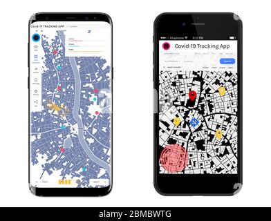 Interfaccia utente dell'app Corona virus e di monitoraggio Covid-19 su diverse schermate dello smartphone Foto Stock