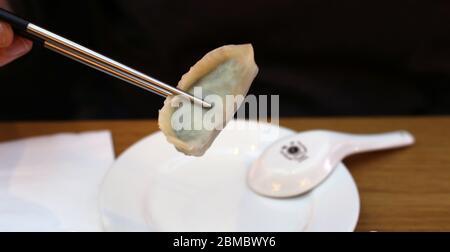 I wontons al vapore serviti in un cesto di bambù nel ristorante DIN Tai Fung del Mall of the Emirates a Dubai Emirati Arabi Uniti, dicembre 2019. Sano, delizioso e fresco Foto Stock