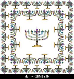 Telaio quadrato Chanukah. Menorah, Hanukiah. Vacanze ebraiche Hanukkah. Disegno a mano, scarabocchio. Illustrazione vettoriale su sfondo isolato. Illustrazione Vettoriale