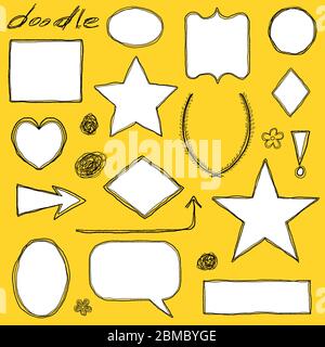 Collezione di illustrazioni Doodle con varie forme e bordi di cornice. Ornamenti per libri di disegno. Illustrazione Vettoriale