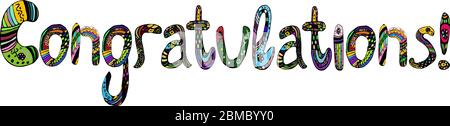 Congratulazioni per l'iscrizione in lettere multicolore che letterano doodle. Illustrazione vettoriale su sfondo isolato. Illustrazione Vettoriale