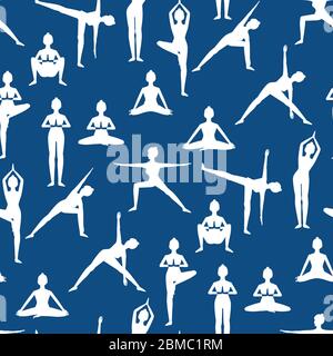 Il motivo senza cuciture con belle ragazze che fanno yoga pone silhouette bianche. Su sfondo blu. Illustrazione Vettoriale