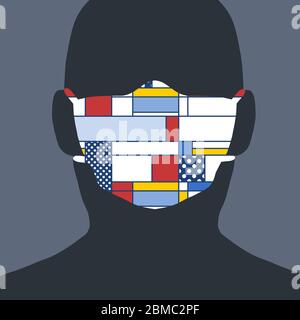 Maschera facciale di stile individuale. Maschera chirurgica eccentrica durante l'epidemia. Illustrazione concettuale vettoriale. Illustrazione Vettoriale