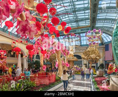 Il Bellagio Conservatory & Botanical Gardens è stato decorato per Capodanno cinese, il Bellagio Hotel and Casino, Las Vegas Strip, Las Vegas, Nevada, USA Foto Stock